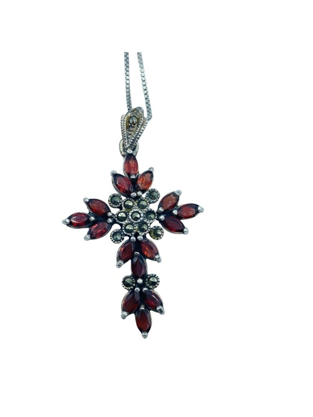 Dee Berkeley Jewelry DBJ Sterling Silver Red Garnet Cross Pendant 2" Marcasite